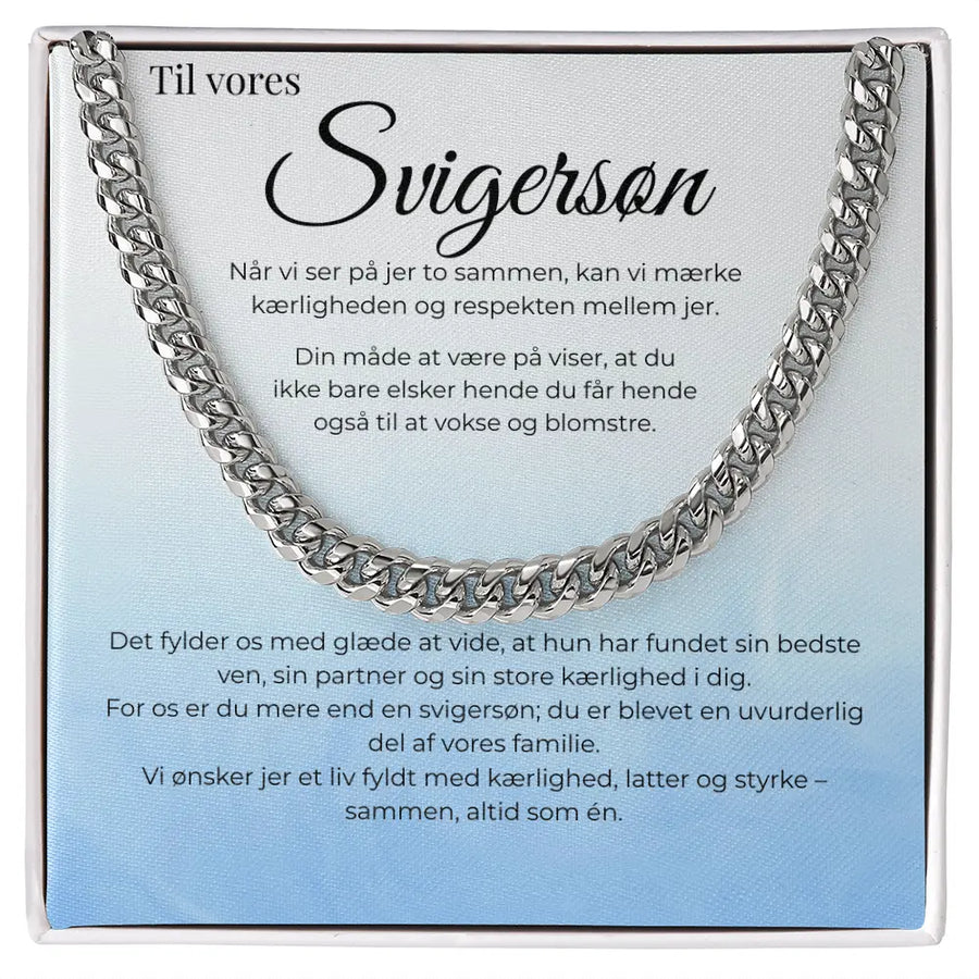 Kæde i rustfrit stål som personlig gave til svigersøn med citatkort