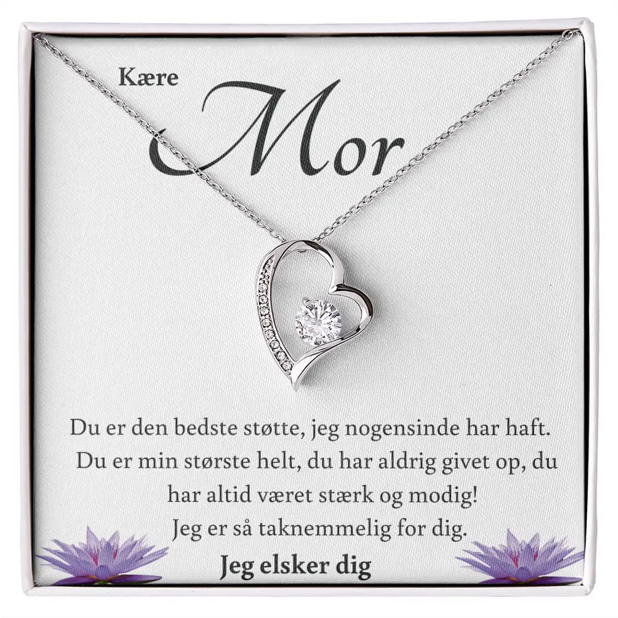 Forever Love-halskæde i rustfrit stål med 14 karat hvidguld – præsenteret i gaveæske med kort til mor