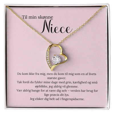 Betydningsfuld gave til min niece – smukt hjertevedhæng og kort med rørende ord.