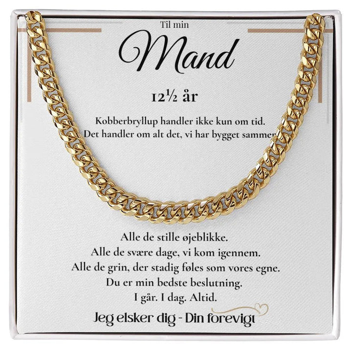 Guldbelagt Cuban Link halskæde til mand som kobberbryllupsgave i standard gaveæske