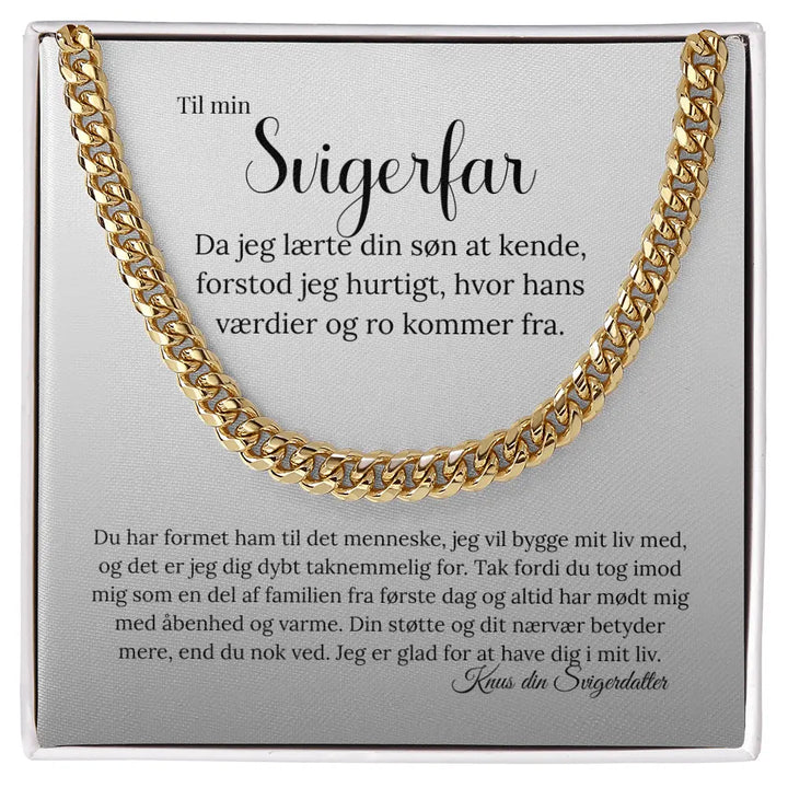 Guldbelagt cubansk halskæde i maskulint design præsenteret i gaveæske med rørende kort til svigerfar fra svigerdatter.
