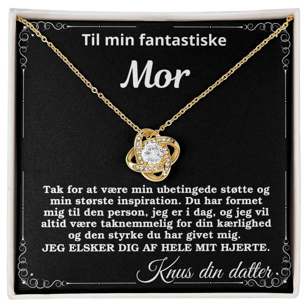Love Knot-halskæde belagt med 18 karat guld, smukt præsenteret i gaveæske med følelsesladet kort til mor.