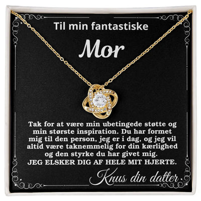 Love Knot-halskæde belagt med 18 karat guld, smukt præsenteret i gaveæske med følelsesladet kort til mor.