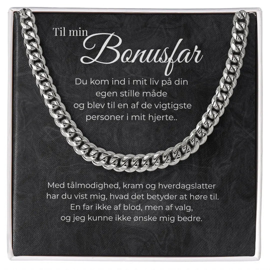 Personlig gave til stedfar fra børn, smykke med kæde og citatkort