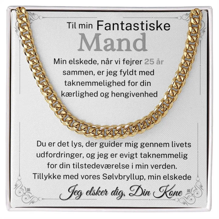Guldbelagt Cuban Link halskæde til mand som sølvbryllupsgave i standard gaveæske