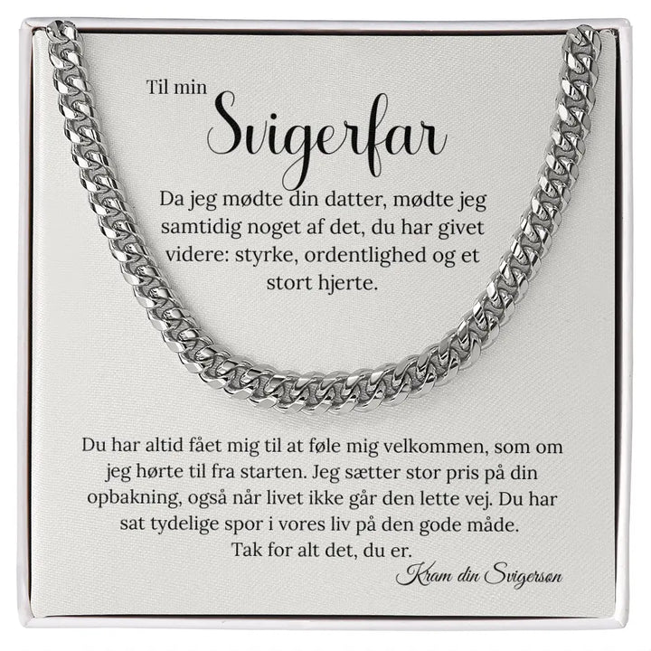 Poleret stål cubansk halskæde i maskulint design i gaveæske med personligt kort til svigerfar fra svigersøn.