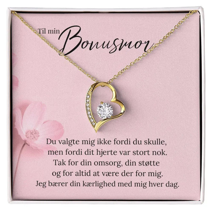 Hjerteformet halskæde i 18 karat guldbelægning med rund funklende sten og kort til bonusmor