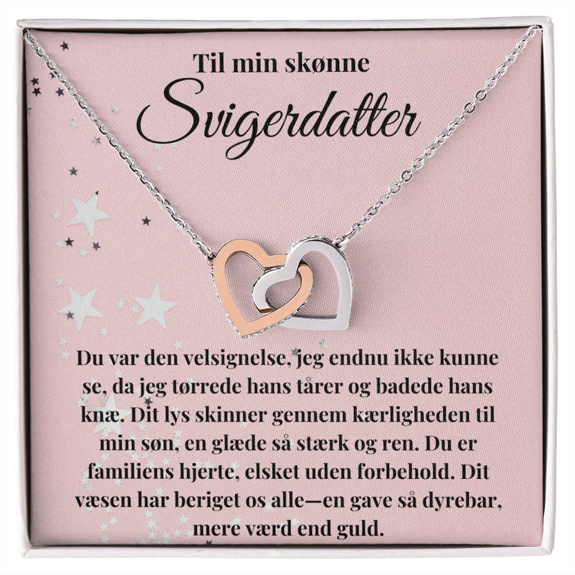 Smuk halskæde med to sammensmedede hjerter , perfekt gave fra svigermor eller svigerfar til svigerdatter