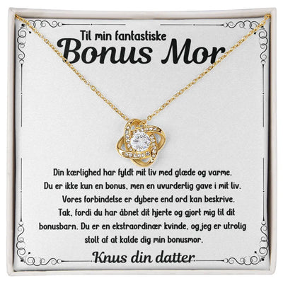 Elegant halskæde belagt med 18k guld og glitrende Cubic Zirkonia. Leveres i gaveæske med rørende korttekst til bonusmor – en følelsesfuld gave fra datter.