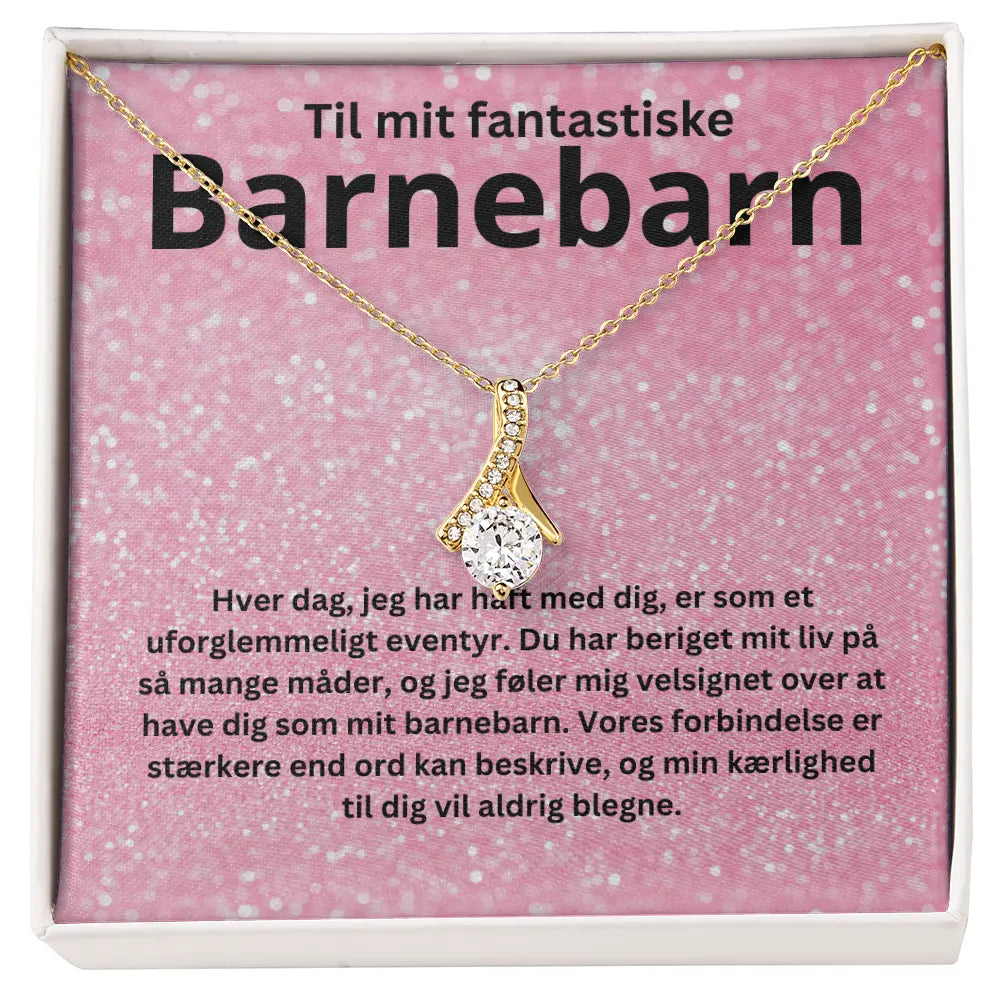 Elegant halskæde i 18k guldbelagt rustfrit stål med Cubic Zirkonia-sten, leveret i gaveæske med personlig tekst: “Til mit fantastiske barnebarn”. Perfekt gave til barnebarn til fødselsdag, eksamen eller særlige lejligheder.